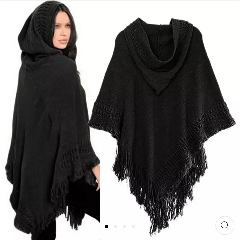 Chic Black Hooded Poncho with Fringe